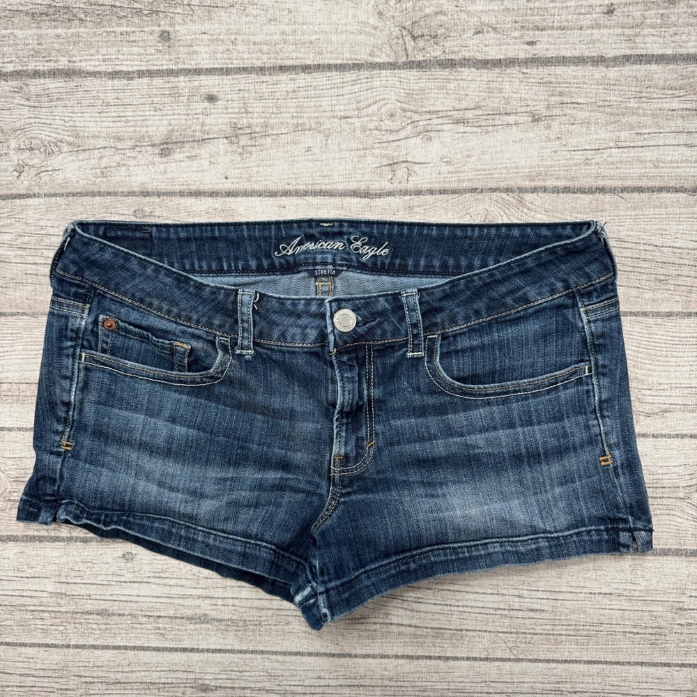 American Eagle Mini Shorts Women's 14 Blue Dark Wash Denim Low Rise Fit Stretch